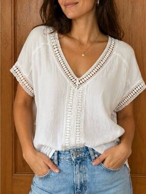 Mandy Evans White Crochet-Trim V-Neck Blouse Beach